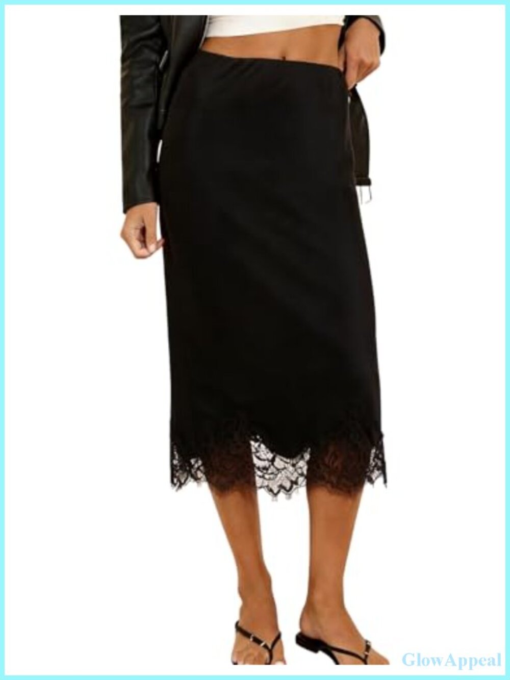 Satin A-Line Midi Skirt Lace Trim High Waisted Flowy